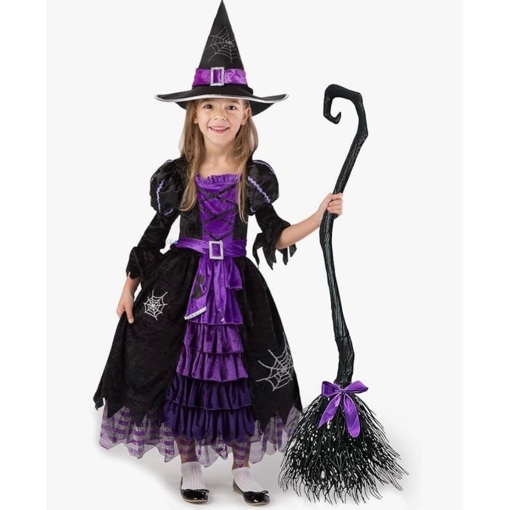 NEW Girls 3-4 Yrs Witch Costume Dress‎ Hat Belt Broom Halloween Spooky Fun